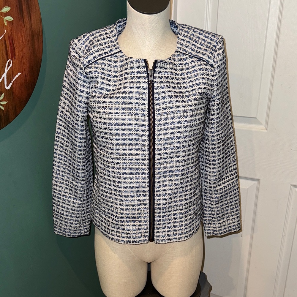 New J. Crew Jacquard Blue & White‎ full zip jacket women’s XS
